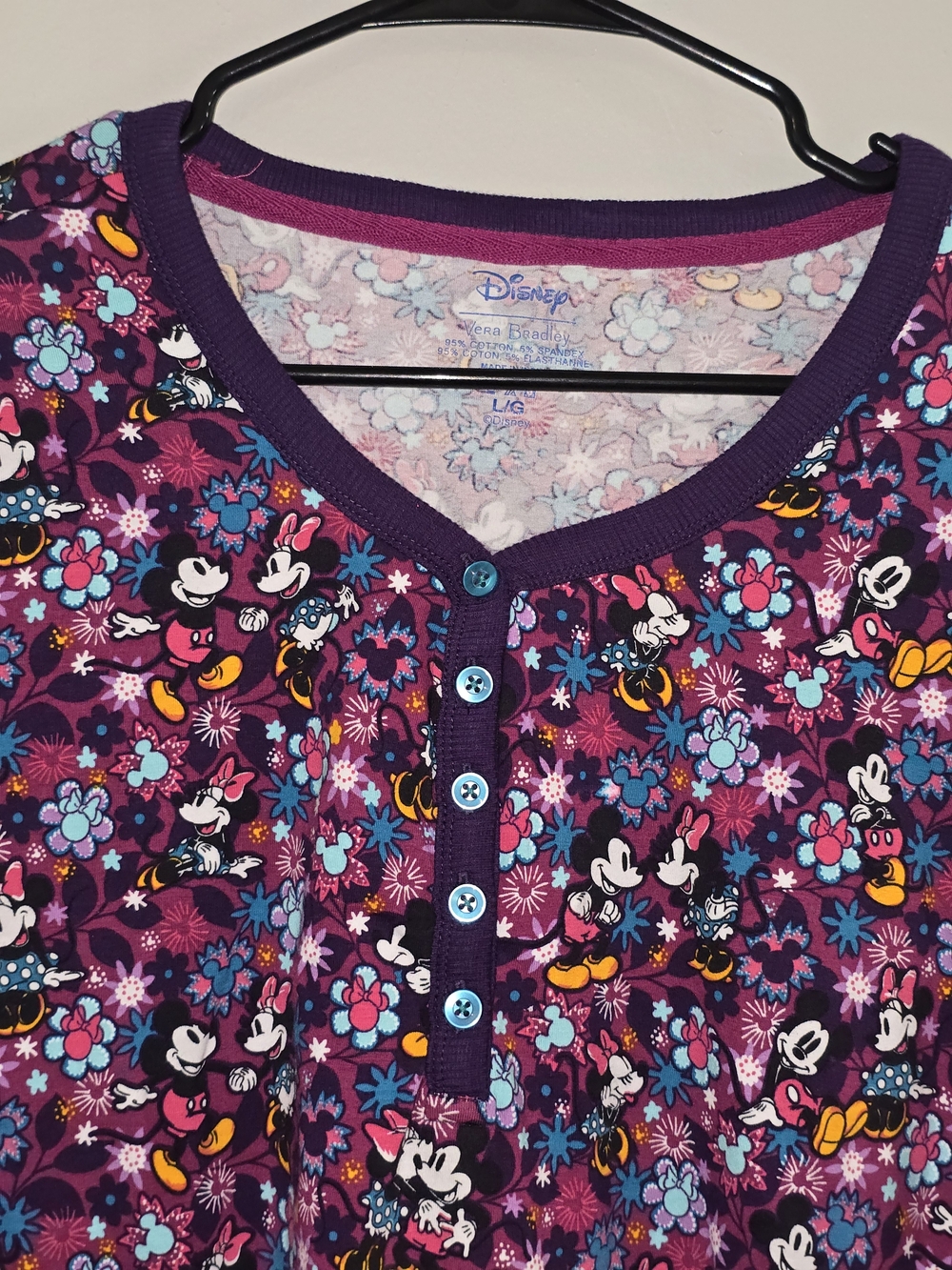 Disney Vera Bradley Purple Minnie Mouse Floral Henley Pajama Top - Picture 3 of 4